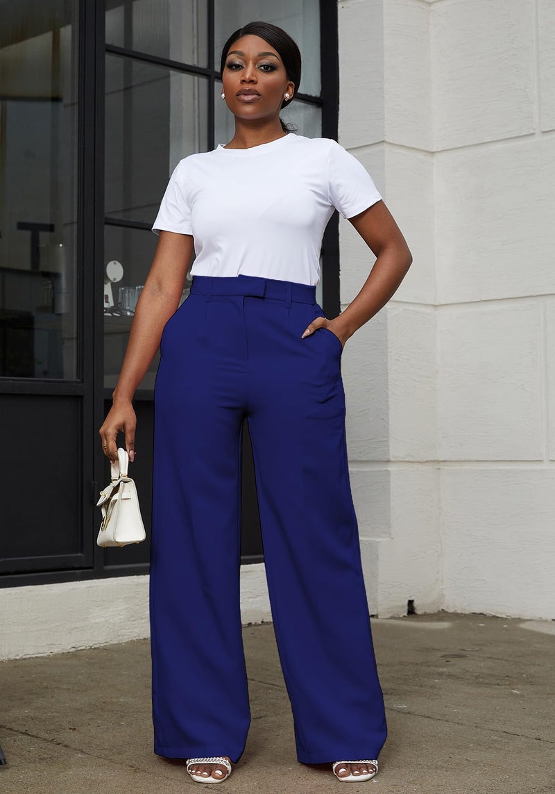 LKOUS Women's High Waisted Straight Wide Leg Dress Pants Stretchy Work Trousers with Pockets Business Casual Blue - Image 3
