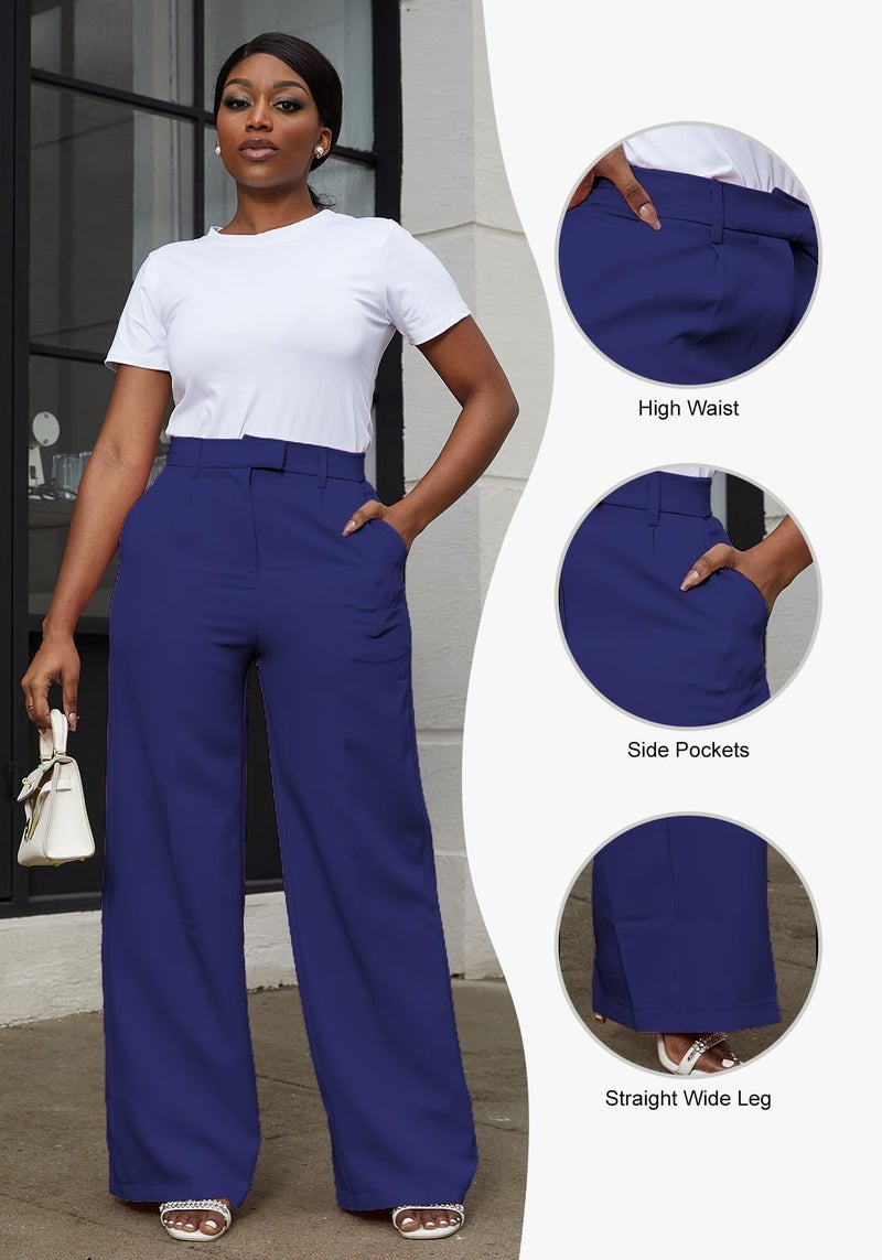 LKOUS Women's High Waisted Straight Wide Leg Dress Pants Stretchy Work Trousers with Pockets Business Casual Blue - Image 4