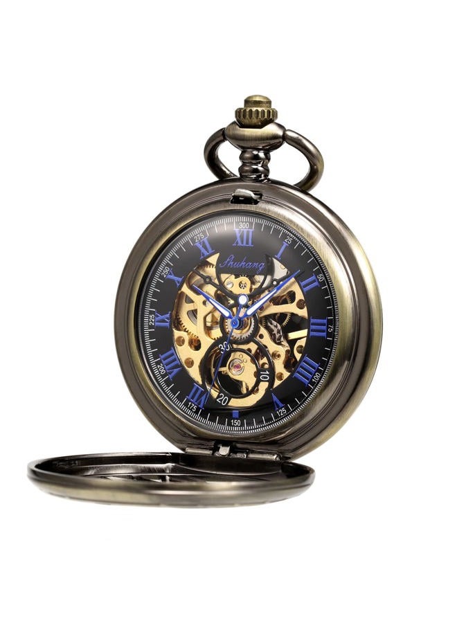 TREEWETO Men's Women's Pocket Watch Mechanical Skeleton Eagle Wings Double Hollow Case Roman Numeral with Chain Box, Brown - Image 3