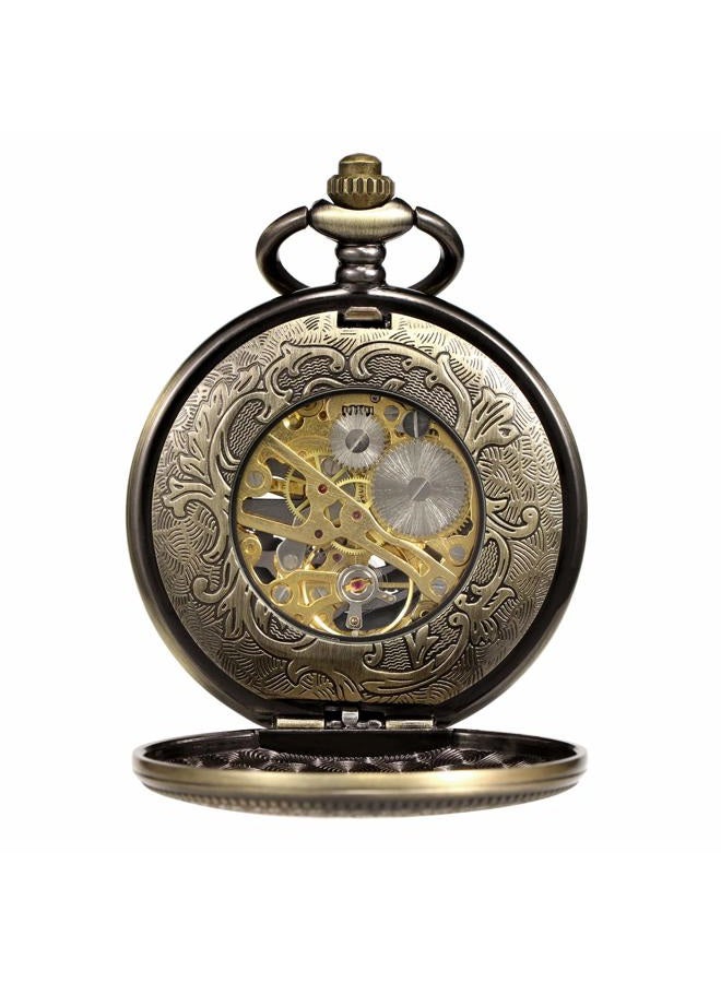 TREEWETO Men's Women's Pocket Watch Mechanical Skeleton Eagle Wings Double Hollow Case Roman Numeral with Chain Box, Brown - Image 2