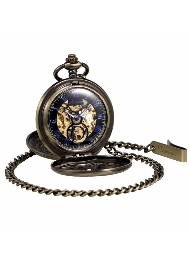 TREEWETO Men's Women's Pocket Watch Mechanical Skeleton Eagle Wings Double Hollow Case Roman Numeral with Chain Box, Brown - Image 4