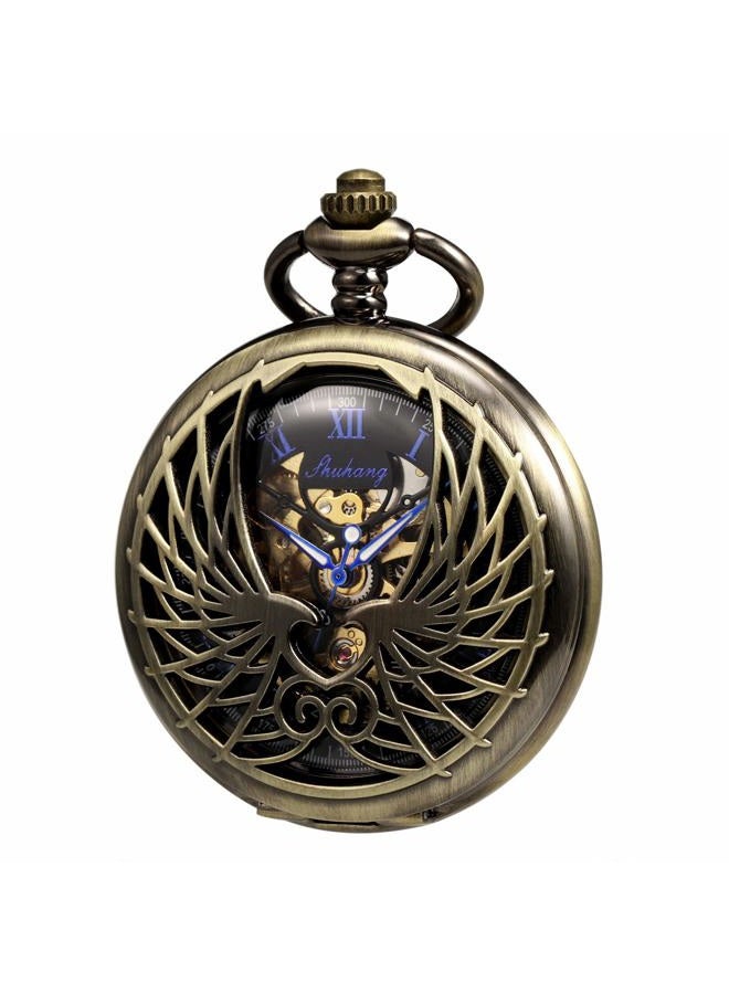 TREEWETO Men's Women's Pocket Watch Mechanical Skeleton Eagle Wings Double Hollow Case Roman Numeral with Chain Box, Brown - Image 1