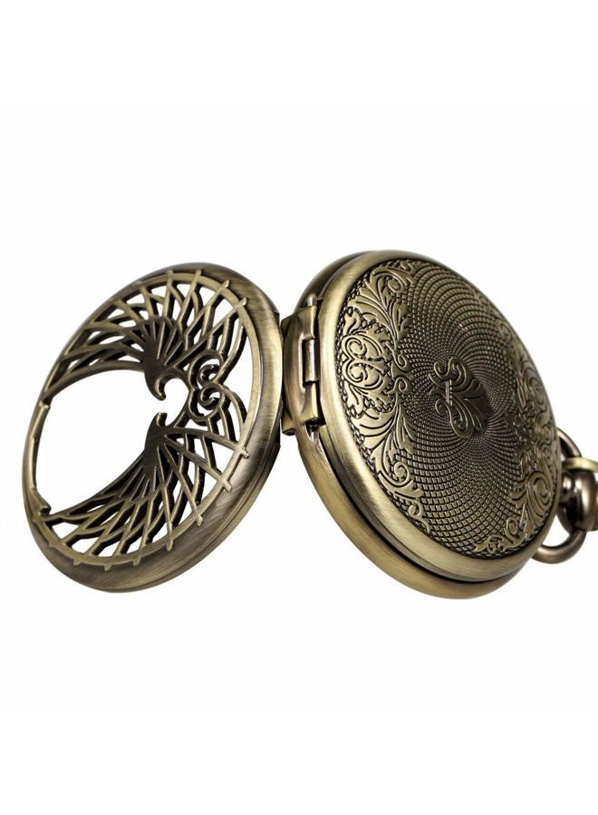 TREEWETO Men's Women's Pocket Watch Mechanical Skeleton Eagle Wings Double Hollow Case Roman Numeral with Chain Box, Brown - Image 5