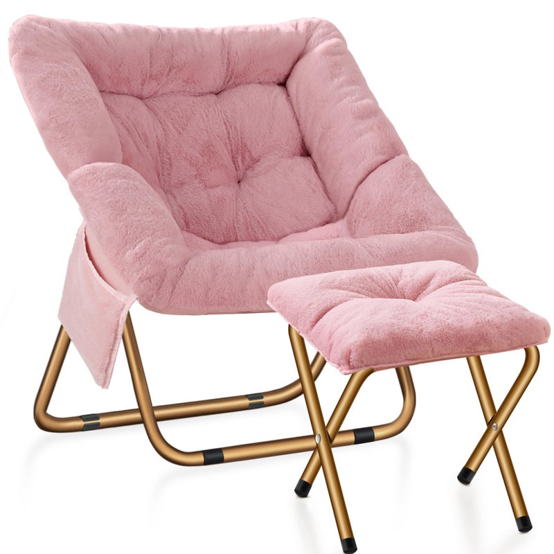 Kasunpul Comfy Saucer Chair Foldable Living Room Chairs Soft Faux Fur Lounge Chair for Bedroom Reading Chairs for Adults Teens XLarge Pink