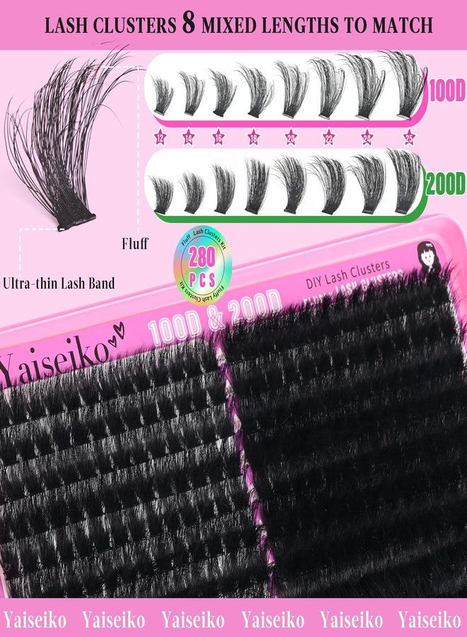 Yaiseiko Lash Clusters 100D+200D Thick Eyelash Clusters 12-25mm Wispy Individual Mega Volume Lashes D C Cluster Eyelash Extensions 280Pcs DIY Lash Extension at Home, by Yaiseiko(Plant Fiber) - Image 2