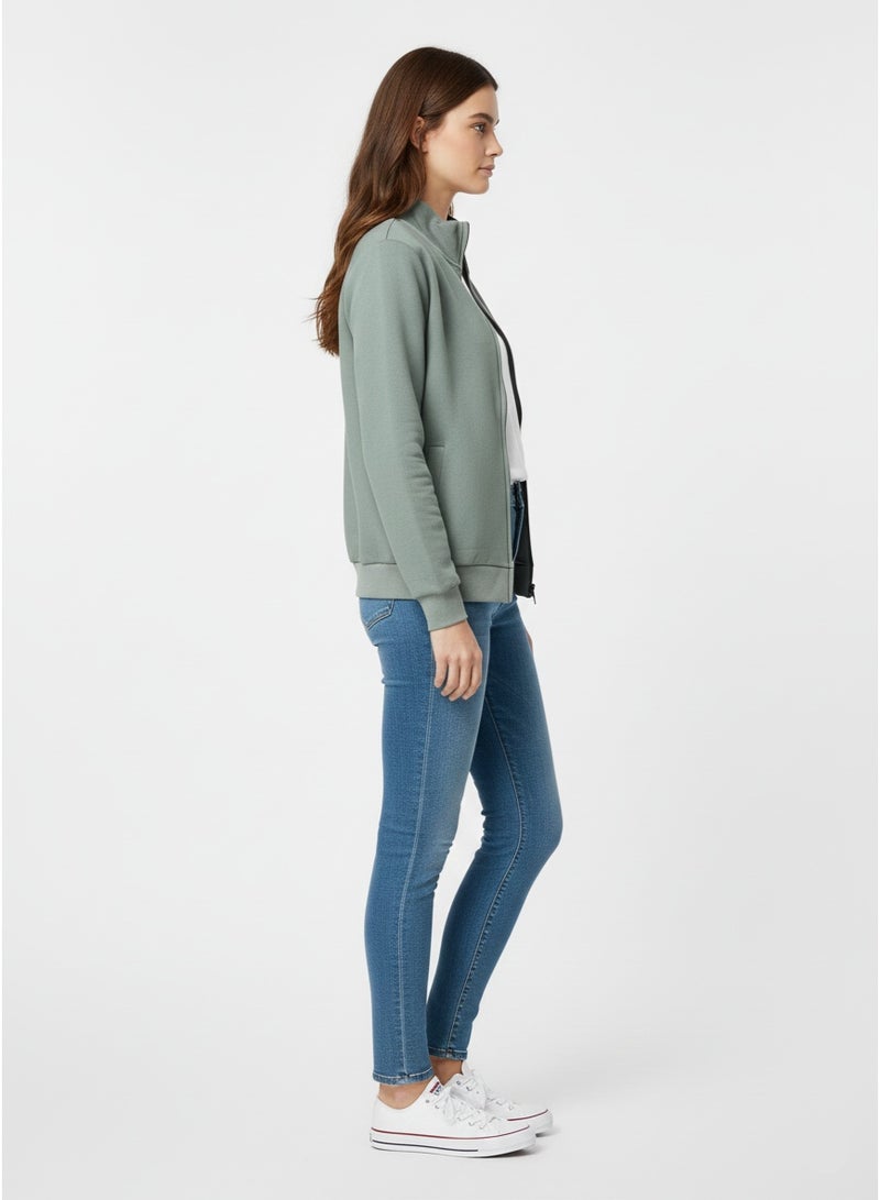 EVERLAST جاكيت كامل بسحاب أخضر فاتح للنساء - ياقة مرتفعة مزيفة، أكمام طويلة، تصميم مريح يناسب جميع الأجسام - Image 4