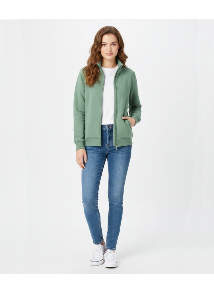 EVERLAST جاكيت كامل بسحاب أخضر فاتح للنساء - ياقة مرتفعة مزيفة، أكمام طويلة، تصميم مريح يناسب جميع الأجسام - Image 1