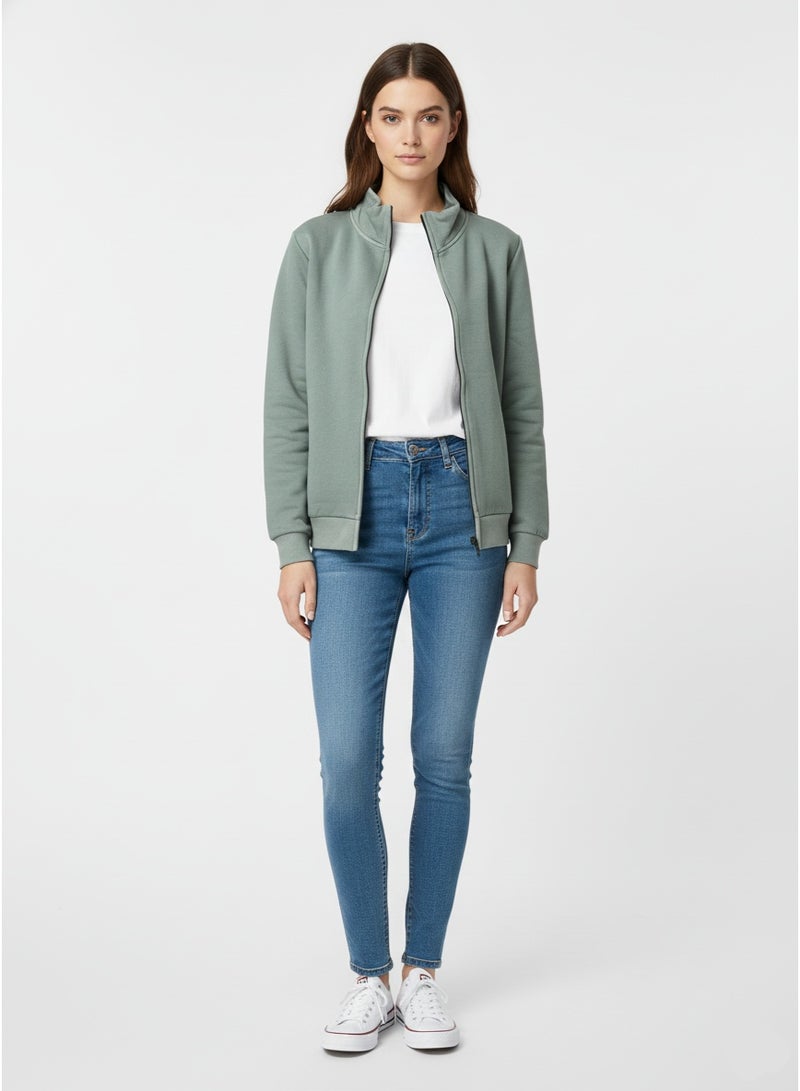 EVERLAST جاكيت كامل بسحاب أخضر فاتح للنساء - ياقة مرتفعة مزيفة، أكمام طويلة، تصميم مريح يناسب جميع الأجسام - Image 3