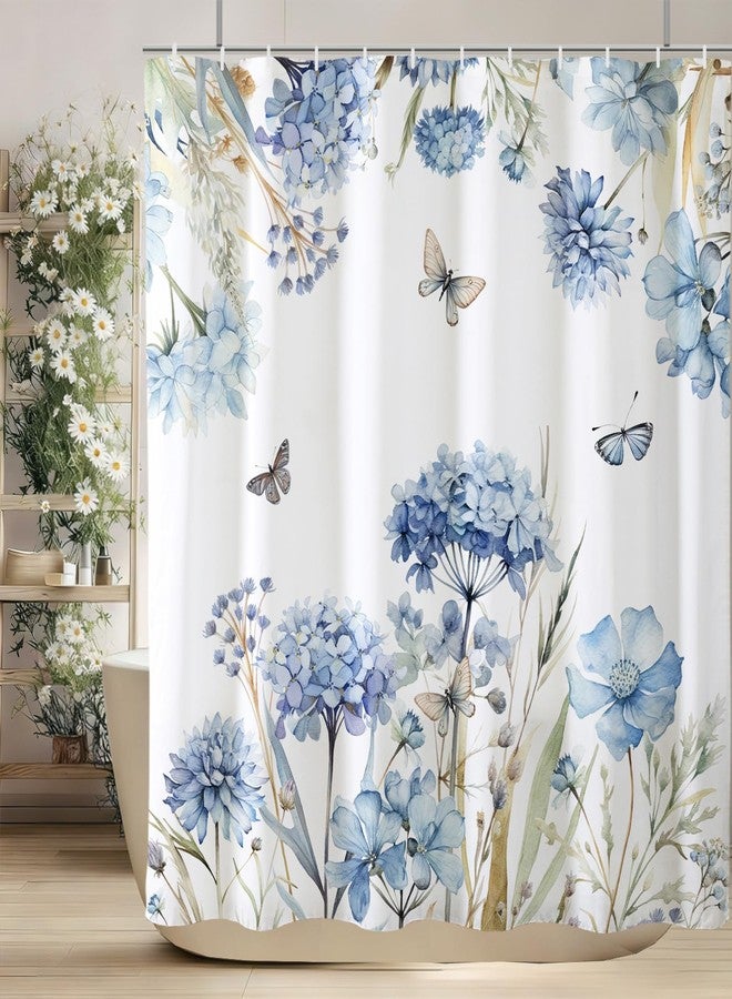 Baccessor Blue Floral Shower Curtain Spring Hydrangea Shower Curtain Farmhouse Polyester Fabric Seasonal Bathroom Home Decor Bath Waterproof Weighted with Metal Hooks 72x72 Inch - Image 1