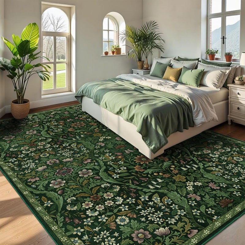 NakedCloud 8x10 Washable Area Rug for Living Room, Large Vintage Dark Green Floral Rugs, Soft Non-Slip Stain Resistant Boho Lightweight Carpet for Bedroom Dining Room Nursery Home Office - Image 4