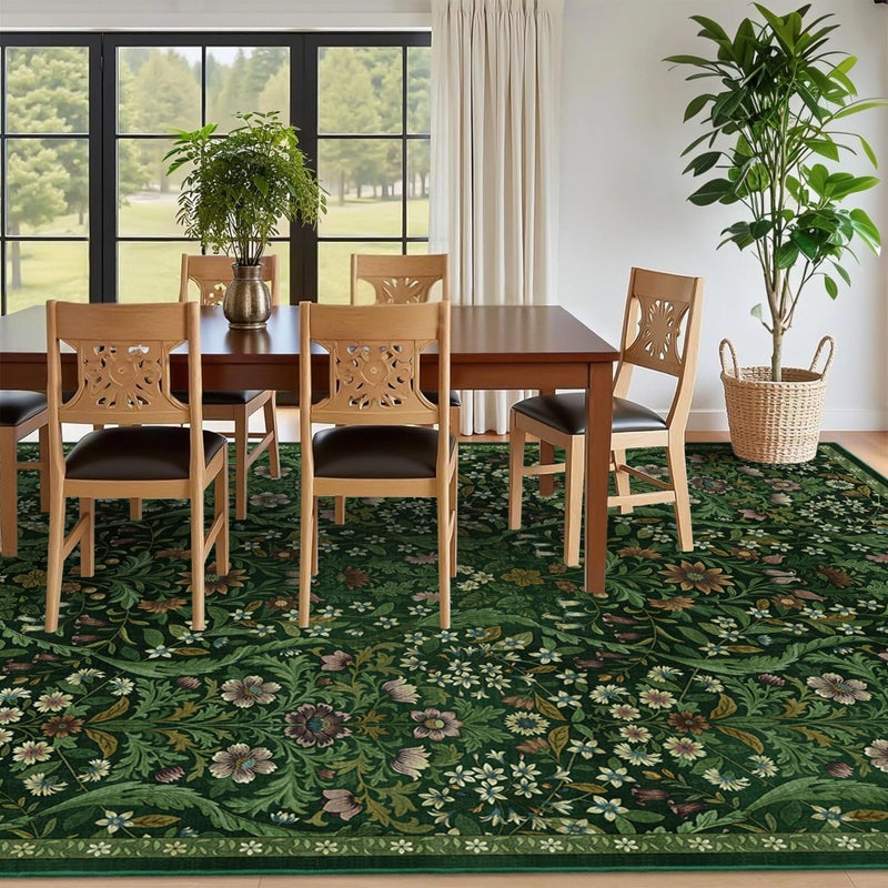 NakedCloud 8x10 Washable Area Rug for Living Room, Large Vintage Dark Green Floral Rugs, Soft Non-Slip Stain Resistant Boho Lightweight Carpet for Bedroom Dining Room Nursery Home Office - Image 5