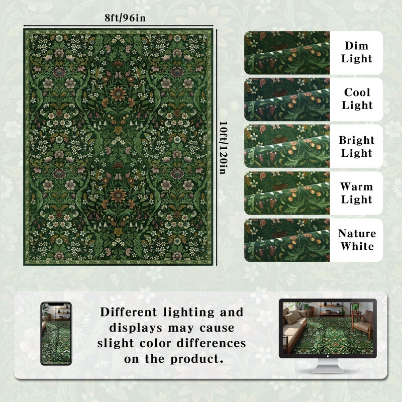 NakedCloud 8x10 Washable Area Rug for Living Room, Large Vintage Dark Green Floral Rugs, Soft Non-Slip Stain Resistant Boho Lightweight Carpet for Bedroom Dining Room Nursery Home Office - Image 2