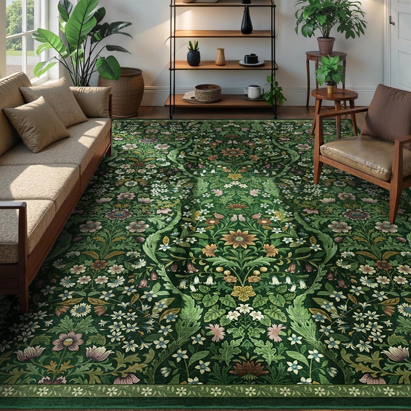 NakedCloud 8x10 Washable Area Rug for Living Room, Large Vintage Dark Green Floral Rugs, Soft Non-Slip Stain Resistant Boho Lightweight Carpet for Bedroom Dining Room Nursery Home Office - Image 1
