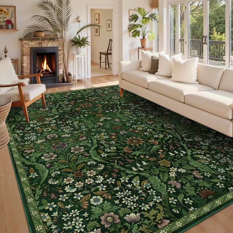 NakedCloud 8x10 Washable Area Rug for Living Room, Large Vintage Dark Green Floral Rugs, Soft Non-Slip Stain Resistant Boho Lightweight Carpet for Bedroom Dining Room Nursery Home Office - Image 3