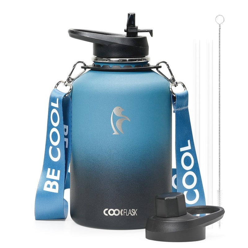 Coolflask 64 oz Water Bottle Insulated with Strap Half Gallon Water Jug Stainless Steel with Straw Spout Lids Metal Large Water Flask Keep Cold 48h Hot 24h Leak Proof NonBPA Prussian Blue
