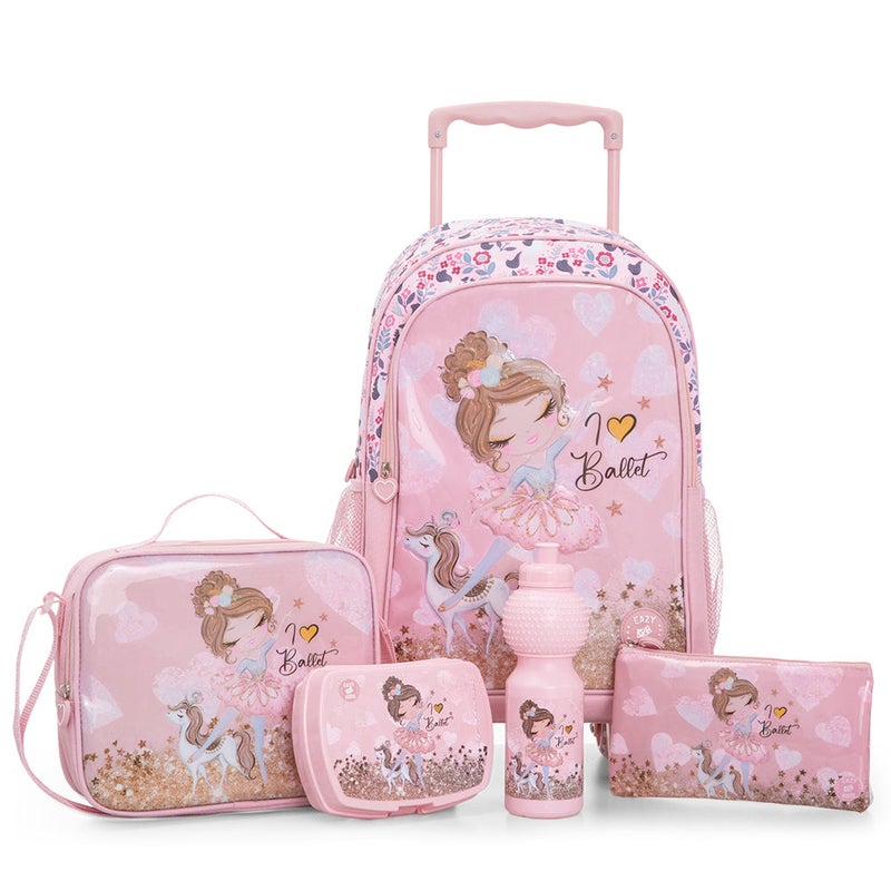 Eazy Kids Set of 5 Trolley 17" School Bag Combo - Ballet Pink - Image 1