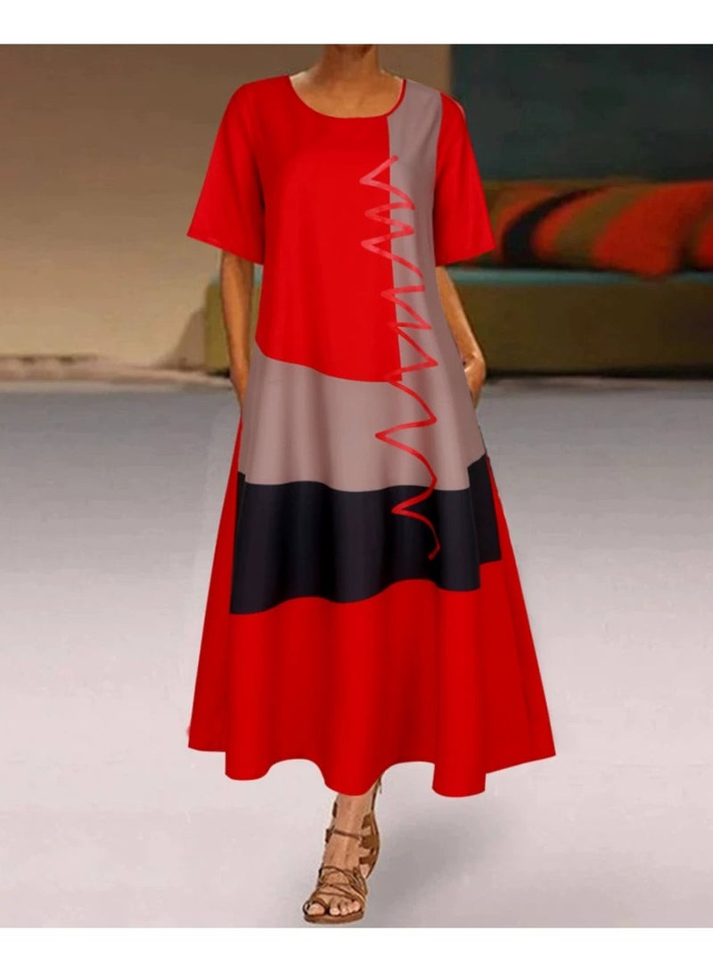 KUYING Retro Printed Short Sleeved Pocket Long Dress 