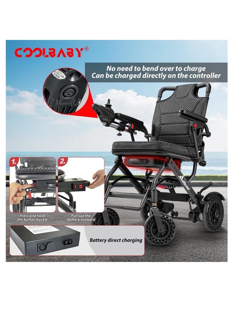 كول بيبي كرسي متحرك كهربائي خفيف الوزن (15.6 كجم) مغطى بألياف الكربون، مناسب للسفر، مناسب للبالغين وكبار السن، صغير الحجم وسهل الحمل، معتمد من شركات الطيران (وسادة سميكة). - Image 5