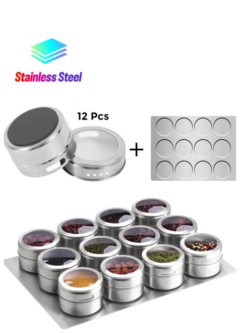 Magnetic Spice Jars 12pcs with Wall Base, Stainless-Steel Magnetic Spice Container Dustproof Magnetic Spice Tins Easy to Clean and Rust Free Includes 120 Labeling Stickers