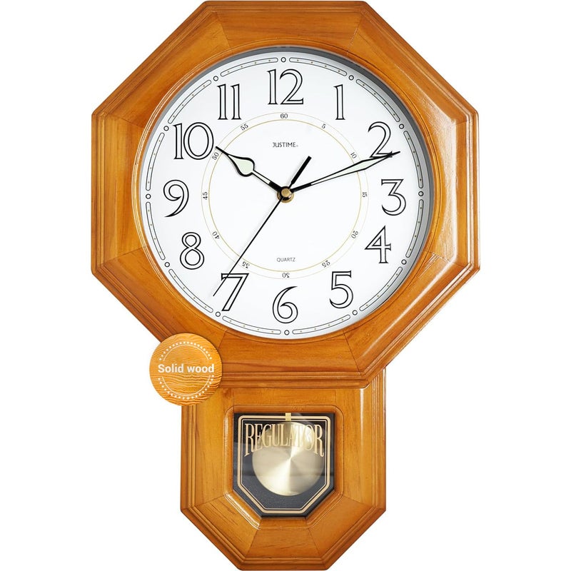 JUSTIME ساعة حائط بندول خشبية تقليدية مضيئة من JUSTIME مع دقات كل ساعة ولحن مزدوج مصنوعة في تايوان من الخشب الطبيعي مع لحن مزدوج