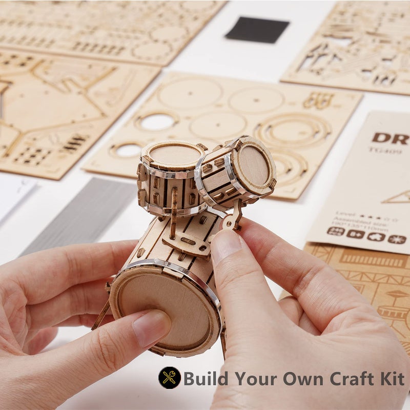 ROBOTIME Wooden Craft Kits for Kids 3D Wooden Puzzle DIY Model Drum Kit to Build for Boys Adorable Home Decoration for Teens - Image 4