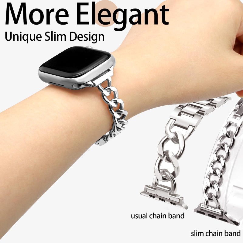 Newlibery Slim Silver Band for Women Feminine Elegant Compatible with Apple Watch 38mm 40mm 41mm 42mm (S10/11) Adjustable Metal Strap Dressy Chain Bracelet for iWatch Series 11/10/9/8/7/6/5/4/SE/3/2/1 - Image 3