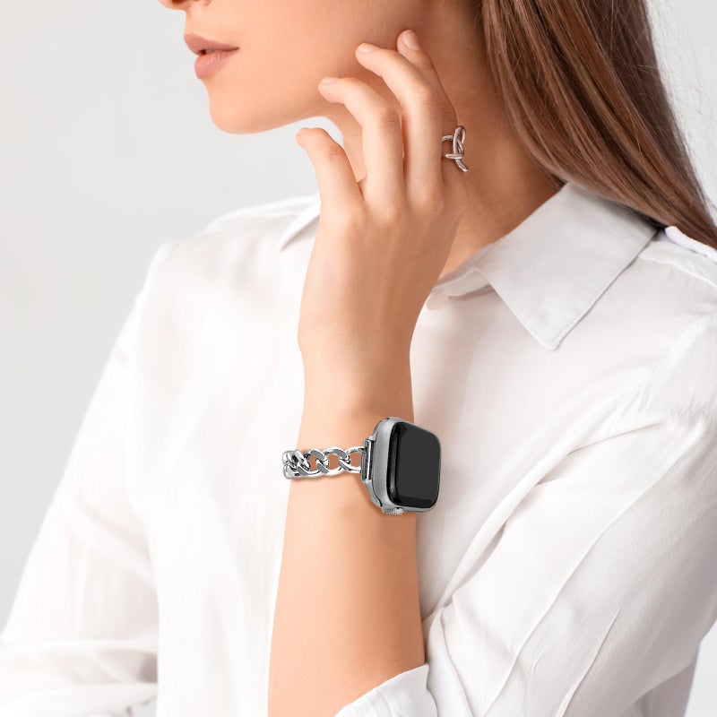 Newlibery Slim Silver Band for Women Feminine Elegant Compatible with Apple Watch 38mm 40mm 41mm 42mm (S10/11) Adjustable Metal Strap Dressy Chain Bracelet for iWatch Series 11/10/9/8/7/6/5/4/SE/3/2/1 - Image 4