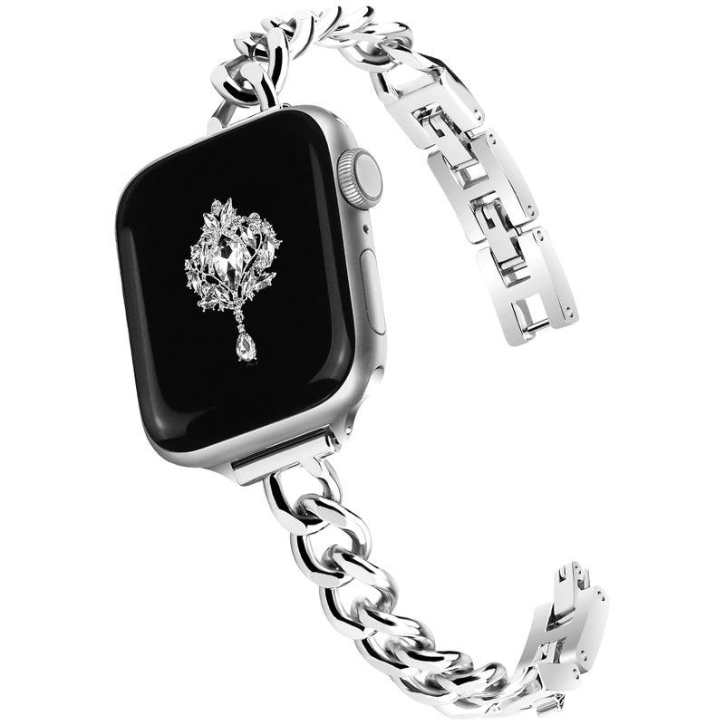 Newlibery Slim Silver Band for Women Feminine Elegant Compatible with Apple Watch 38mm 40mm 41mm 42mm (S10/11) Adjustable Metal Strap Dressy Chain Bracelet for iWatch Series 11/10/9/8/7/6/5/4/SE/3/2/1 - Image 1