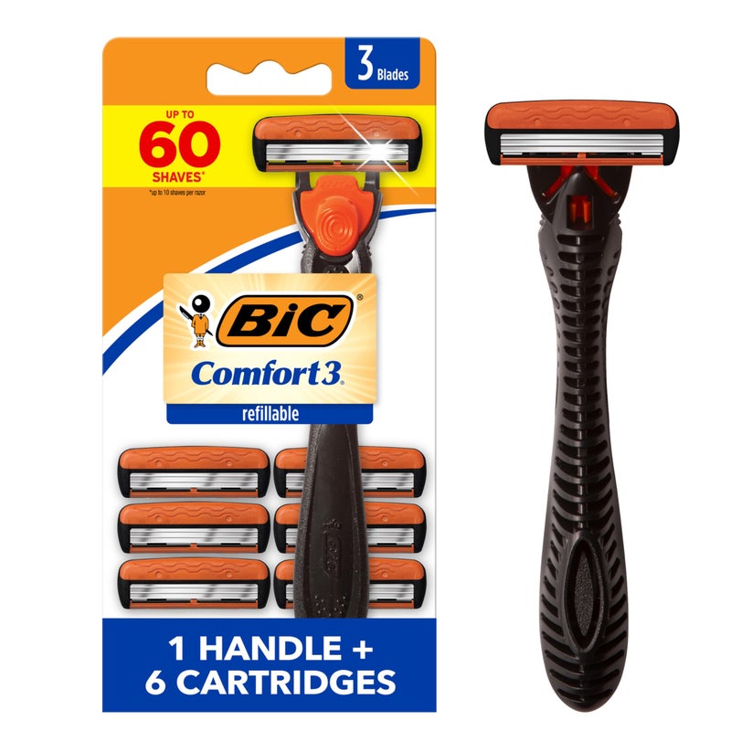 BIC Comfort 3 Refillable Three-Blade Razor for Men, Sensitive Skin Razor For a Comfortable Shave, 1 Handle and 6 Cartridges, 7 Piece Razor Set - Image 1