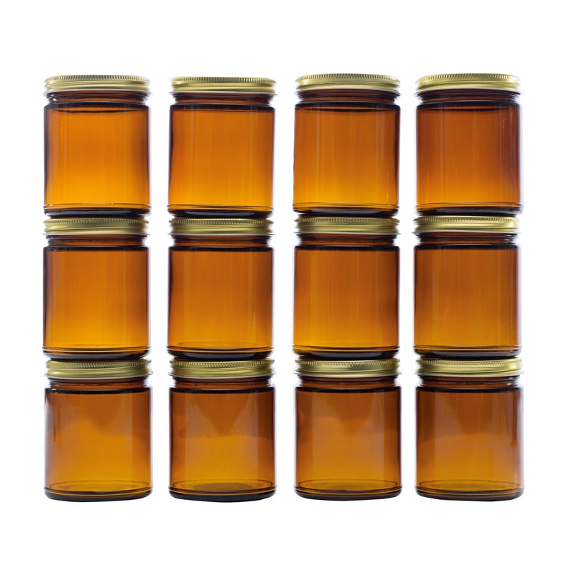 North Mountain Supply 9 Ounce Amber Glass Straight Sided Mason Canning Jars  with 70mm Gold Metal Lids  Case of 12