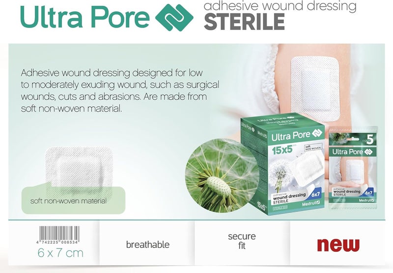 MEDRULL wound dressing, sterile, 6 x 7 cm, 75 pieces, individually packed, ultra pores, soft wound patch, strong bonding strength, protects against scratches in case of cuts - Image 5