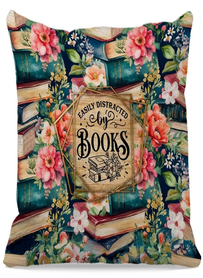 OFlich Book Lovers Gifts, Bookworm Gifts, Book Nerd Gifts, Easily Distracted by Books Pillow Covers 18x18, Gifts for Readers Book Lovers Women, Bookish Decor, Retro Floral Book Pillow Covers - Image 1
