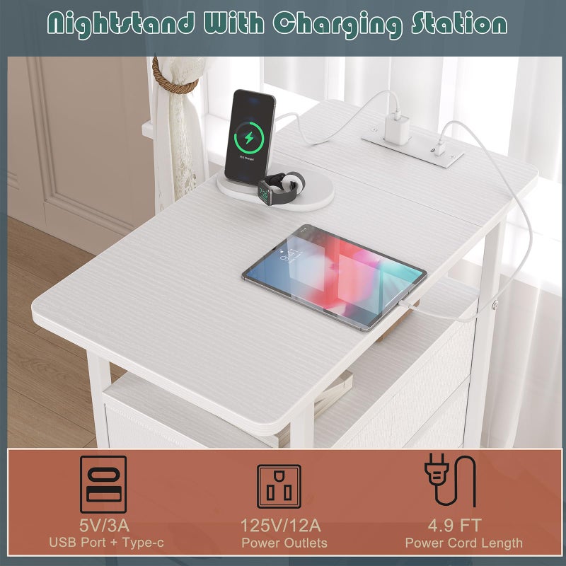 sthmec End Table with Charging Station, Side Tables Livingroom with USB Ports and Outlets,Narrow Nightstands Bedside Tables with 3 Drawers PU Finish for Small Space,Slim Sofa Table Bedroom,White - Image 4