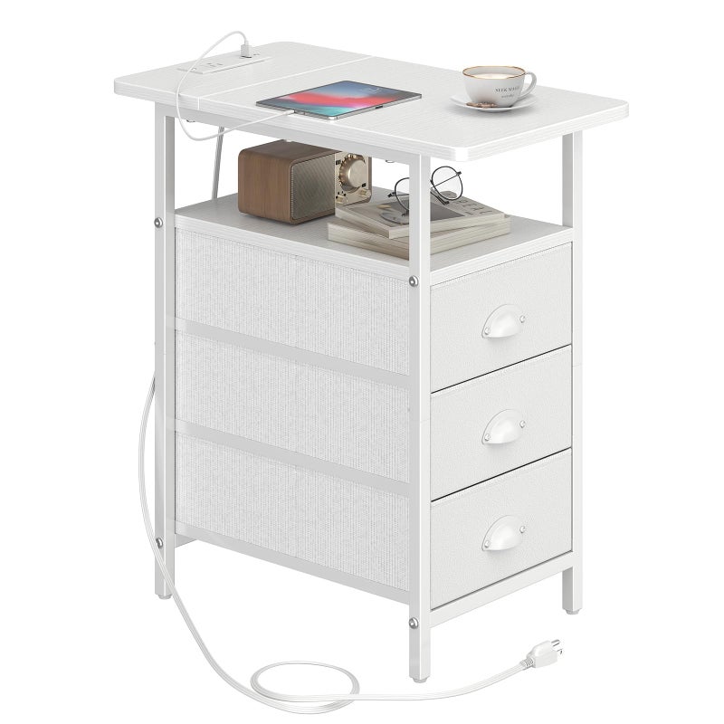 sthmec End Table with Charging Station, Side Tables Livingroom with USB Ports and Outlets,Narrow Nightstands Bedside Tables with 3 Drawers PU Finish for Small Space,Slim Sofa Table Bedroom,White - Image 1