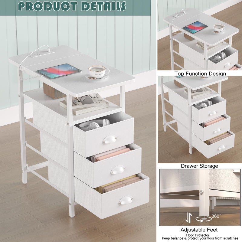 sthmec End Table with Charging Station, Side Tables Livingroom with USB Ports and Outlets,Narrow Nightstands Bedside Tables with 3 Drawers PU Finish for Small Space,Slim Sofa Table Bedroom,White - Image 5