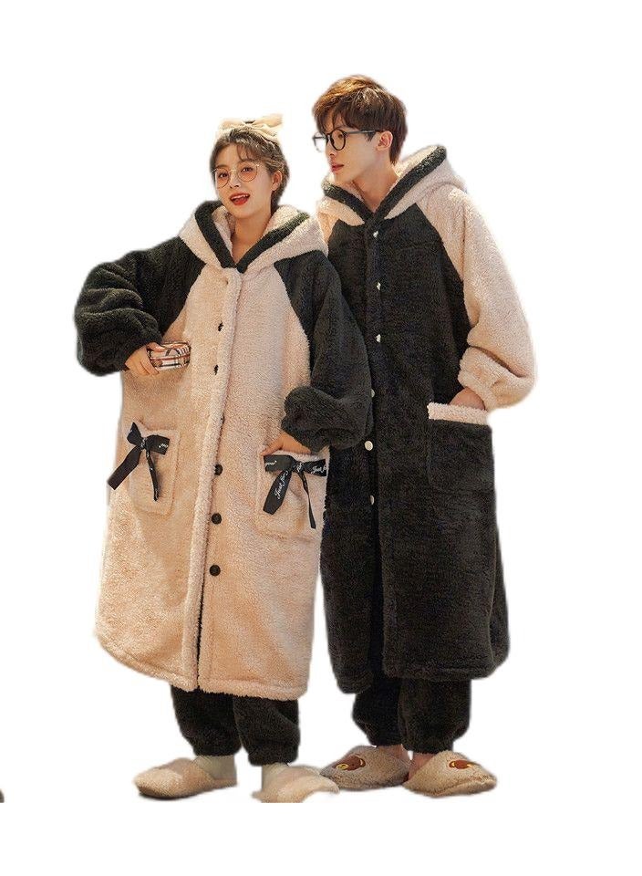 KUYING Sleeping gowns, long coral plush and plush, winter home wear for couples, worn externally  - Image 1