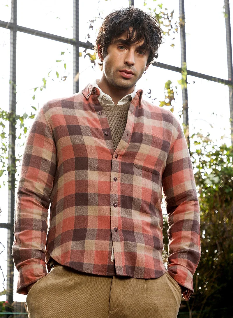 CAHOOT Men's Coral Pink:Mocha Brown Checkered Regular Shirt For Casual Wear | Collared Neck | Long Sleeve | Button Closure | Cotton Shirt Crafted With Comfort Fit For Everyday Wear