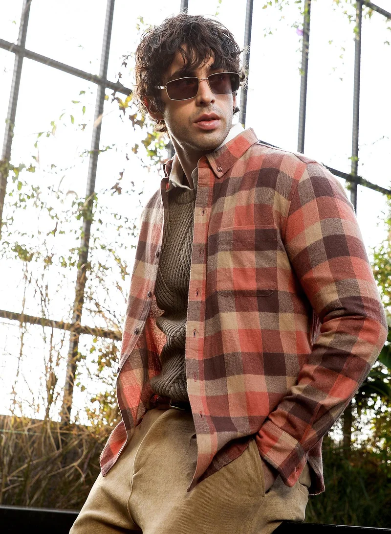 CAHOOT Men's Coral Pink:Mocha Brown Checkered Regular Shirt For Casual Wear | Collared Neck | Long Sleeve | Button Closure | Cotton Shirt Crafted With Comfort Fit For Everyday Wear