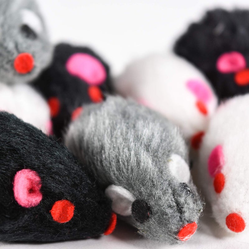 Penn Plax Penn-Plax Play Fur Mice Cat Toys | Mixed Bulk Bag of 12 Play Mice with Rattling Noise | 3 Color Variety Pack - CAT531, Black and White - Image 4