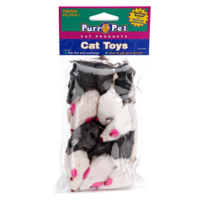 Penn Plax Penn-Plax Play Fur Mice Cat Toys | Mixed Bulk Bag of 12 Play Mice with Rattling Noise | 3 Color Variety Pack - CAT531, Black and White - Image 1