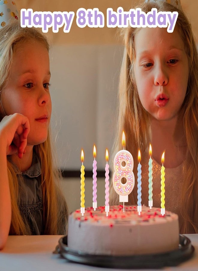 ميتلي شمعة عيد ميلاد MTLEE على شكل ماكارون لامعة ثلاثية الأبعاد على شكل رقم مع 12 شمعة حلزونية بألوان قوس قزح في حوامل لتزيين كعكة عيد ميلاد فتاة أو ولد، أو حفل زفاف أو ذكرى زواج، أو حفلة ذات طابع حلوى باستيل (رقم 8). - Image 5