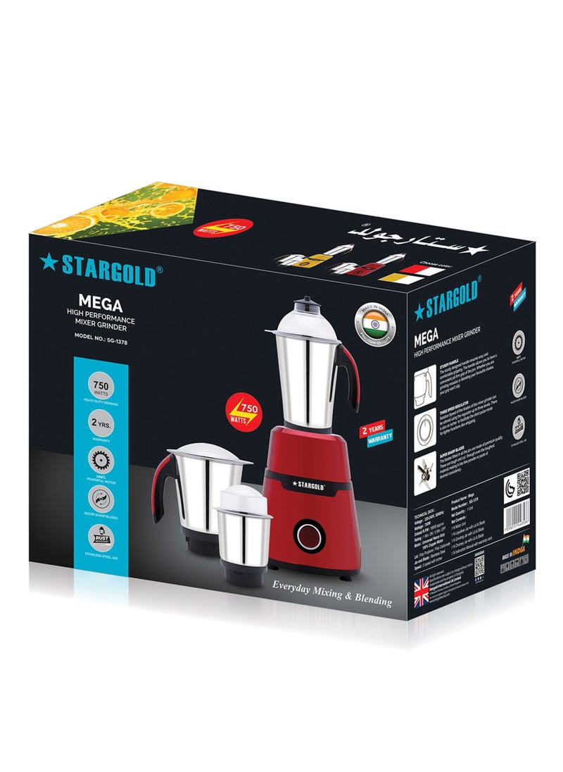 Stargold Mixer Grinder 750 Watts 3-In-1 High Performance Copper Motor With Razor Sharp Blade - Image 2