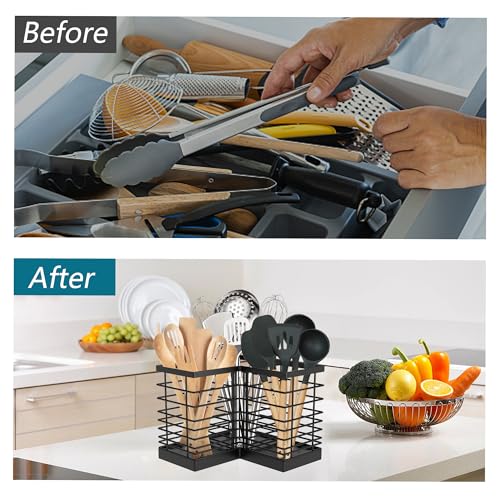 Suli Extra Large Kitchen Utensil Holder with 3 Compartments，Matte Black Metal Corner Kitchen Caddy for Countertop，Farmhouse Rustic Cooking Storage-Black - Image 3