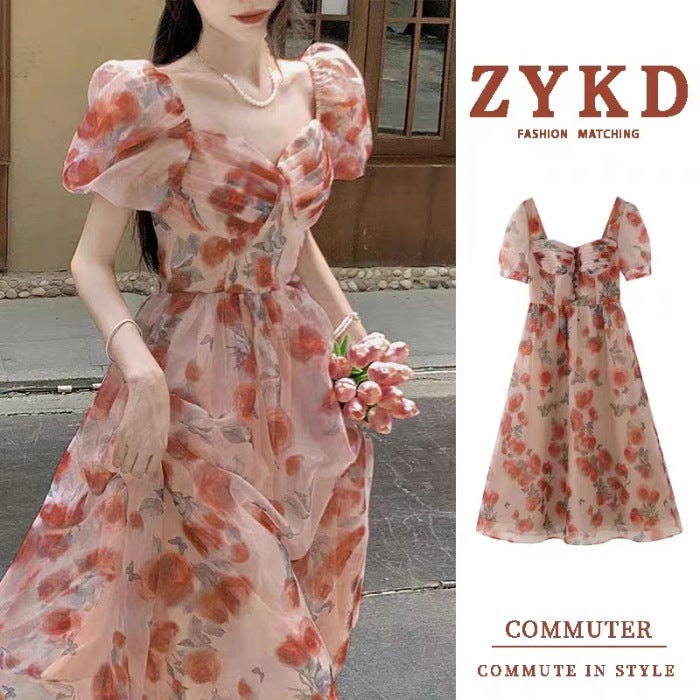 French Retro Rose V-neck Puff Sleeve dress Summer Niche High-end Elegant Waisted Fairy Dress Picture color * 8027 (light color, care if you mind)
