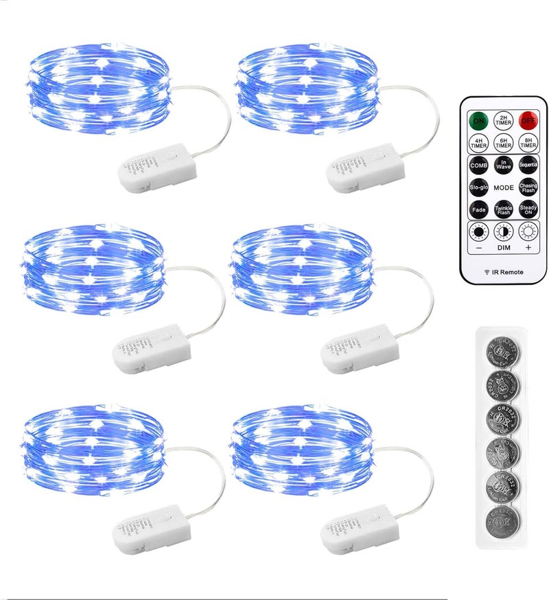 SINAMER 6PCS Fairy Lights Battery Powered with Remote, 7ft 20LEDs Blue Twinkle Mini Lights with Timer, Waterproof Small Silver Wire Firefly Starry for DIY Wedding Party Christmas - Image 1