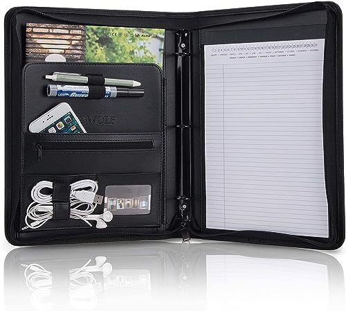 OOWOLF Padfolio Portfolio Folder, PU Leather Professional with Round Ring Binder 8.5 x 11 Inch Writing Pad Tablet Sleeve Interview Resume Document Organizer Business Card Holder Zippered Closure - Image 1