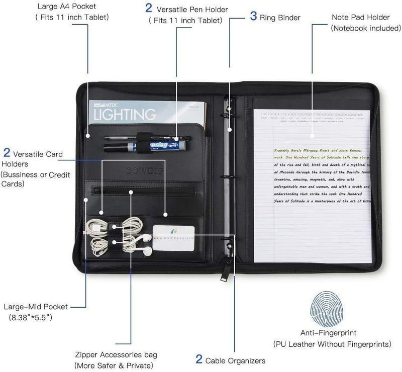 OOWOLF Padfolio Portfolio Folder, PU Leather Professional with Round Ring Binder 8.5 x 11 Inch Writing Pad Tablet Sleeve Interview Resume Document Organizer Business Card Holder Zippered Closure - Image 3