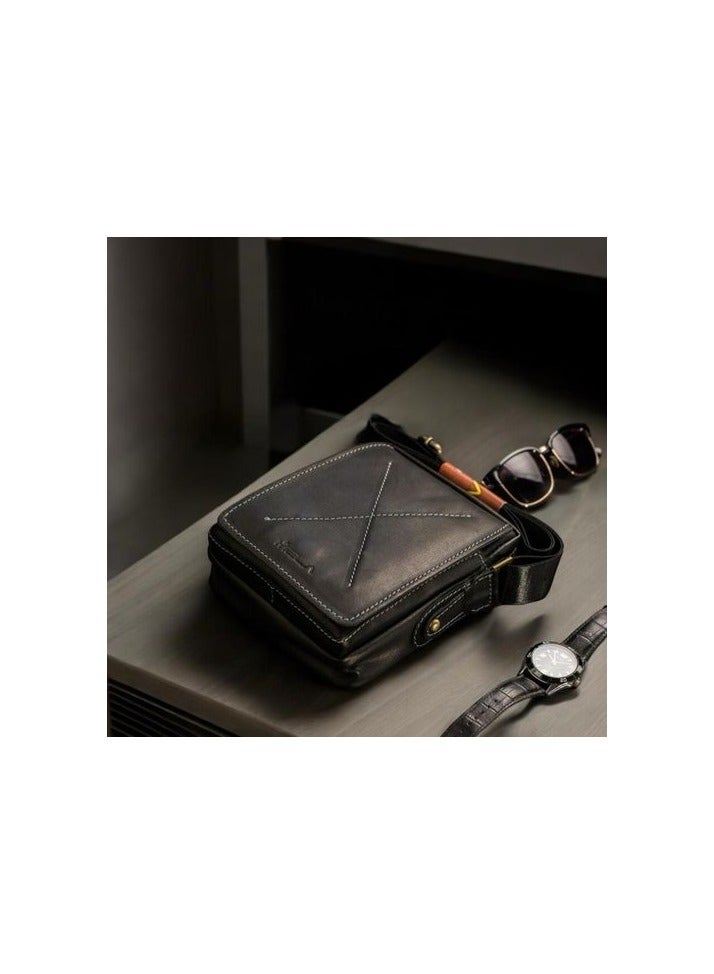 Mela X شنطة جلد طبيعي كروس للرجال شكل مميز اسود - Image 1