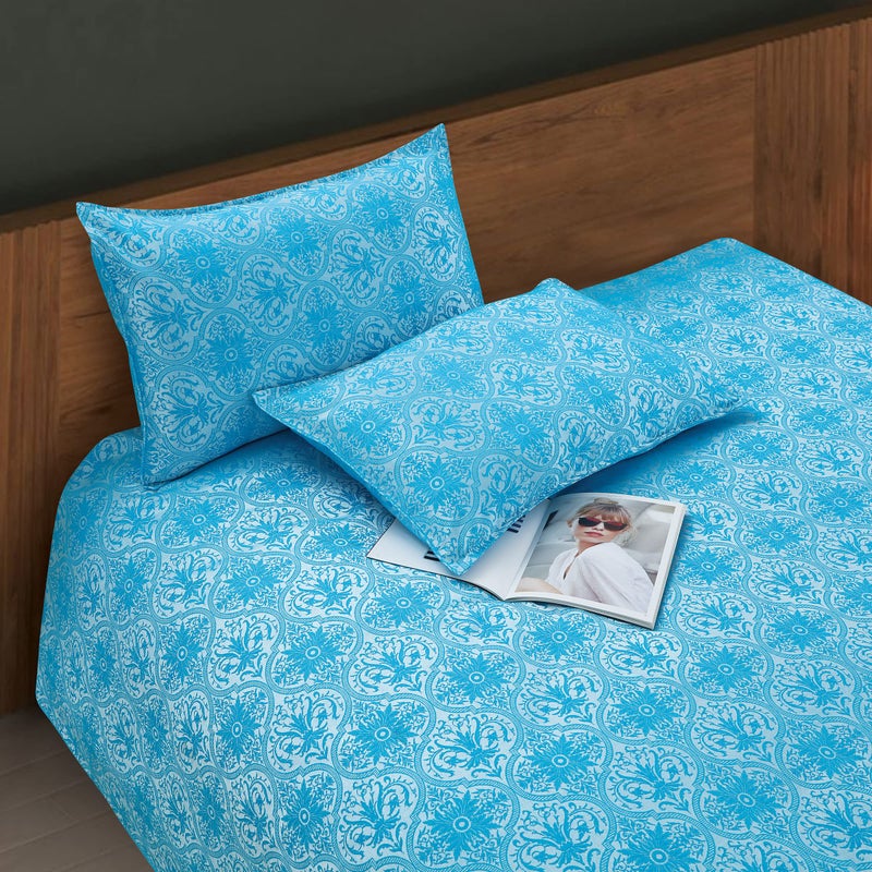 Victor Light Weight Super Soft Easy Care Poly Cotton Damask Pattern Double Bedsheet/Bed Cover with 2 Pillow Covers (Aqua, 90 X 100 Inch) - Image 2