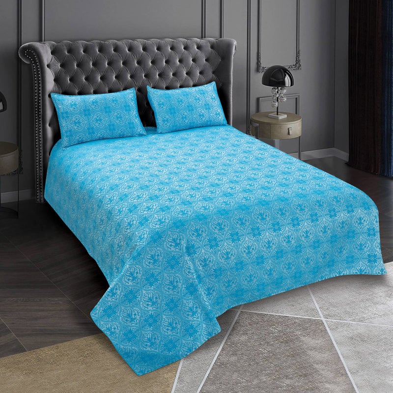 Victor Light Weight Super Soft Easy Care Poly Cotton Damask Pattern Double Bedsheet/Bed Cover with 2 Pillow Covers (Aqua, 90 X 100 Inch) - Image 1